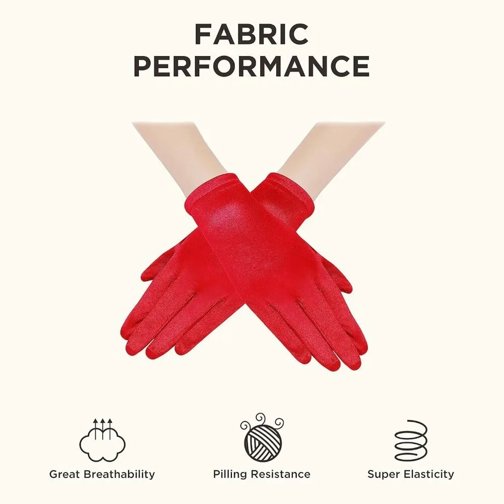 Women's Short Red Satin Silk Gloves Banquet Wedding Party Costume Accessories